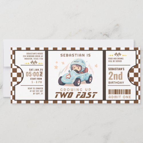 Blue Two Fast Race Car Ticket Pass Second Birthday Invitation