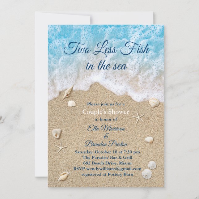 Blue Two Less Fish in the Sea Couple's Shower Invitation (Front)