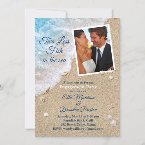 Blue Two Less Fish in the Sea Photo Engagement Invitation