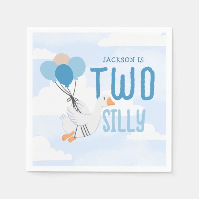 Blue Two Silly Goose 2nd Birthday Party Napkins (Front)