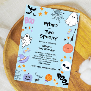 Blue Two Spooky Cute Ghost Halloween 2nd Birthday  Invitation