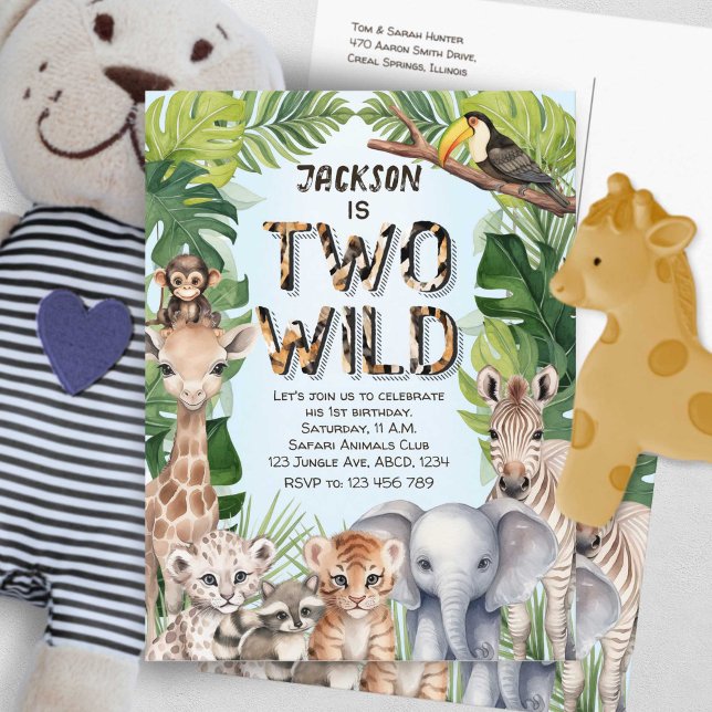 Blue Two Wild Safari Baby Boy 2nd Birthday Invitation Postcard (Blue Two Wild Safari, Baby Boy Jungle Animals them 2nd birthday postcard invite.)
