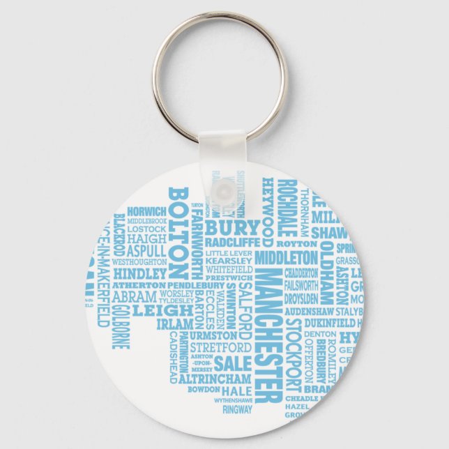 Blue Type map of Greater Manchester Keychain (Front)