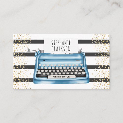 Blue Typewriter Writer Editor Stripes Glitter Business Card