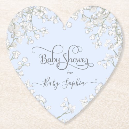 Blue Typography Babys Breath Floral Baby Shower Paper Coaster