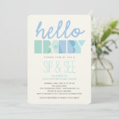 Blue Typography Boy Sip & See Hello Baby Shower Invitation (Standing Front)