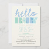 Blue Typography Boy Sip & See Hello Baby Shower Invitation (Front)