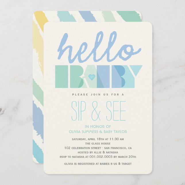 Blue Typography Boy Sip & See Hello Baby Shower Invitation (Front/Back)