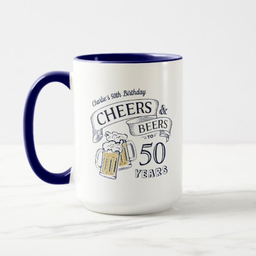 Blue Typography Cheers And Beers Any Age Birthday Mug