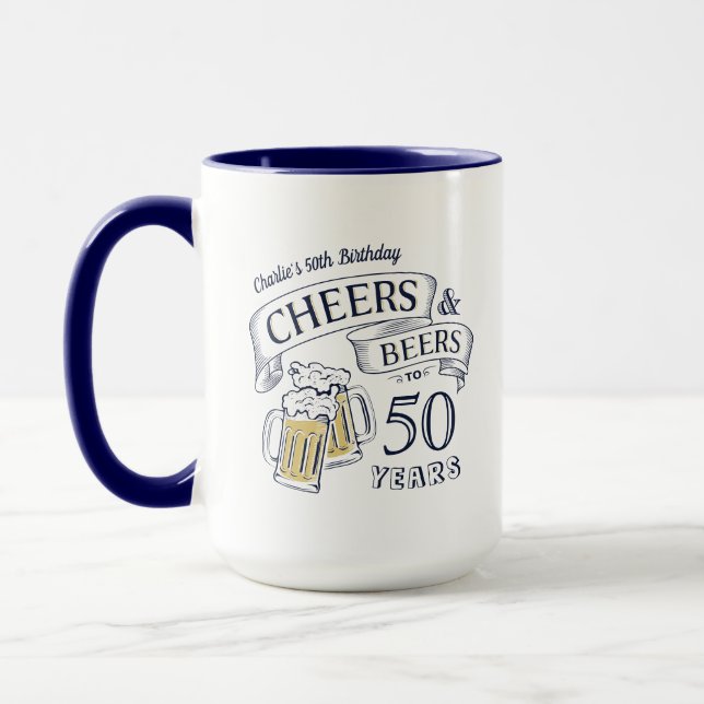 Blue Typography Cheers And Beers Any Age Birthday Mug (Left)