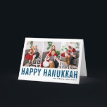 Blue Typography Happy Hanukkah Photo Collage Holiday Card<br><div class="desc">Happy Hanukkah! Customizable Happy Hanukkah photo collage card featuring blue simple typography and snow pattern. Personalize by adding three photos,  names,  year and other details. This modern Hanukkah card is available in other colors and cardstock.</div>