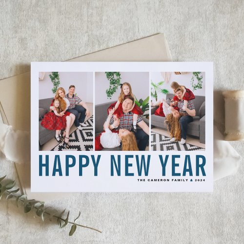 Blue Typography Happy New Year Photo Collage Holiday Card