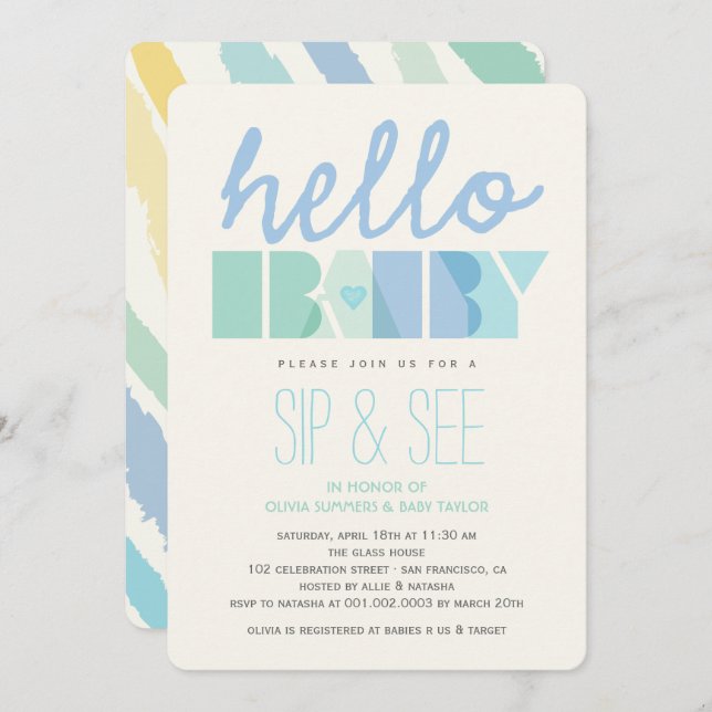 Blue Typography Hello Baby Boy Sip & See Design Invitation (Front/Back)