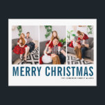 Blue Typography Merry Christmas Photo Collage Holiday Postcard<br><div class="desc">Merry Christmas! Customizable Christmas photo collage postcard featuring blue and black simple typography. Personalize by adding three photos,  names,  year and other details. This modern Christmas postcard is available in other colors and cardstock.</div>