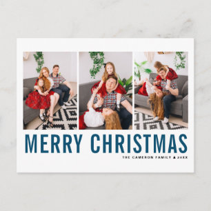 Blue Typography Merry Christmas Photo Collage Holiday Postcard