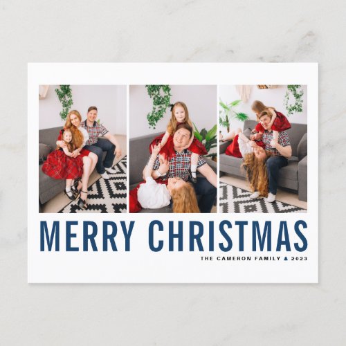 Blue Typography Merry Christmas Photo Collage Postcard