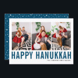 Blue Typography Photo Collage Happy Hanukkah Holiday Card<br><div class="desc">Happy Hanukkah! Customizable Happy Hanukkah photo collage flat card featuring blue simple typography and snow pattern. Personalize by adding three photos,  names,  year and other details. This modern Hanukkah flat card is available in other colors and cardstock.</div>