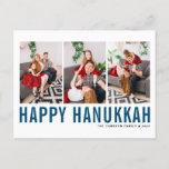Blue Typography Photo Collage Happy Hanukkah Holiday Postcard<br><div class="desc">Happy Hanukkah! Customizable Happy Hanukkah photo collage postcard featuring blue simple typography and snow pattern. Personalize by adding three photos,  names,  year and other details. This modern Hanukkah postcard is available in other colors and cardstock.</div>