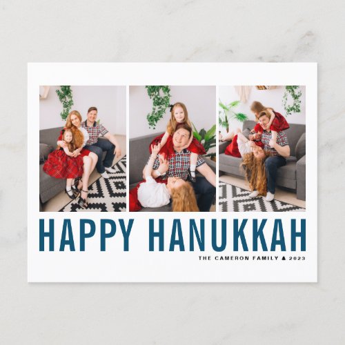 Blue Typography Photo Collage Happy Hanukkah Holiday Postcard