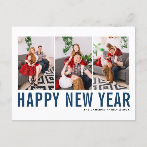 Blue Typography Photo Collage Happy New Year Holiday Postcard