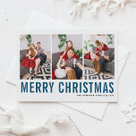 Blue Typography Photo Collage Merry Christmas Holiday Card<br><div class="desc">Merry Christmas! Customizable Christmas photo collage flat card featuring blue simple typography and snow pattern. Personalize by adding three photos,  names,  year and other details. This modern Christmas flat card is available in other colors and cardstock.</div>