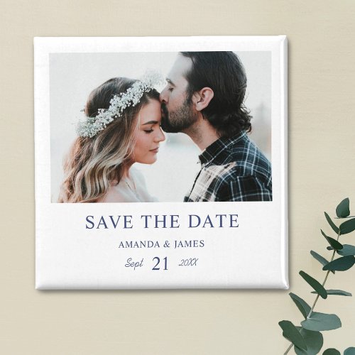 Blue Typography Photo Wedding Save the Date Magnet