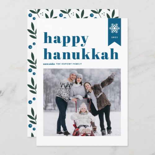 Blue Typography Snowflakes Photo Happy Hanukkah Holiday Card