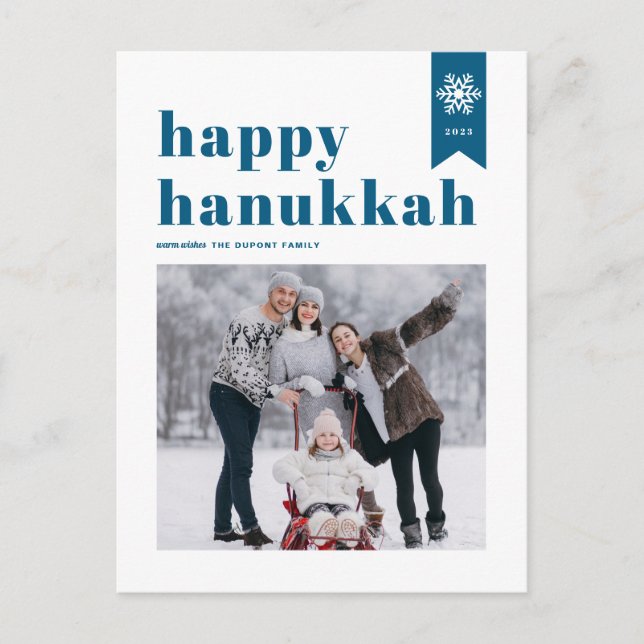 Blue Typography Snowflakes Photo Happy Hanukkah Holiday Postcard (Front)