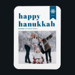 Blue Typography Snowflakes Photo Happy Hanukkah Magnet<br><div class="desc">Happy Hanukkah! | Send your holiday wishes with this customizable Hanukkah photo magnet. It features blue retro bold typography and snowflake accents. Personalize by adding names,  year and photo. This festive photo Happy Hanukkah magnet is available in various colors and cardstock.</div>