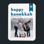 Blue Typography Snowflakes Photo Happy Hanukkah Magnet<br><div class="desc">Happy Hanukkah! | Send your holiday wishes with this customizable Hanukkah photo magnet. It features blue retro bold typography and snowflake accents. Personalize by adding names,  year and photo. This festive photo Happy Hanukkah magnet is available in various colors and cardstock.</div>