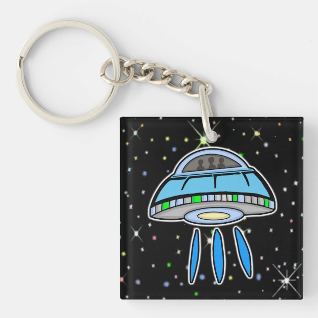 Blue UFO with Starry night Outer Space   Keychain (Front)