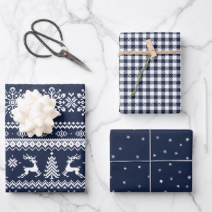 Blue ugly Christmas sweater buffalo plaid & stars Wrapping Paper Sheets