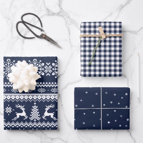 Blue ugly Christmas sweater buffalo plaid  stars Wrapping Paper Sheets