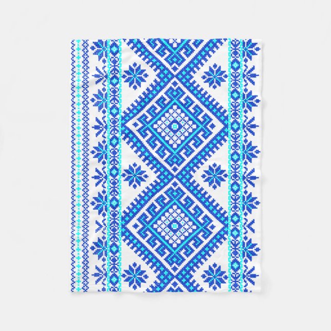 Blue Ukrainian Cross Stitch Pattern Baby Blanket (Front)