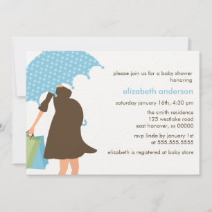 Blue Umbrella and Baby Bump Baby Shower Invitation