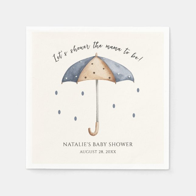 Blue Umbrella and Rain Baby Shower Napkins (Front)