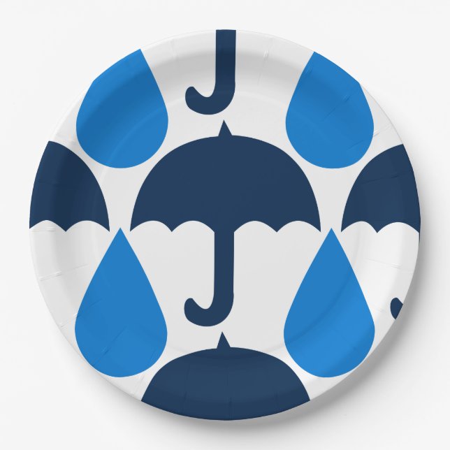 Blue Umbrella and Raindrop Pattern Design Paper Plates (Front)