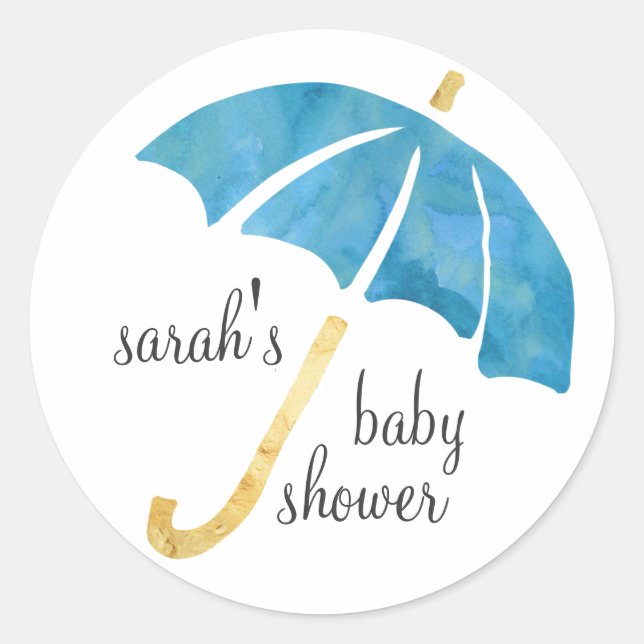 Blue Umbrella Baby Shower Favor Stickers (Front)