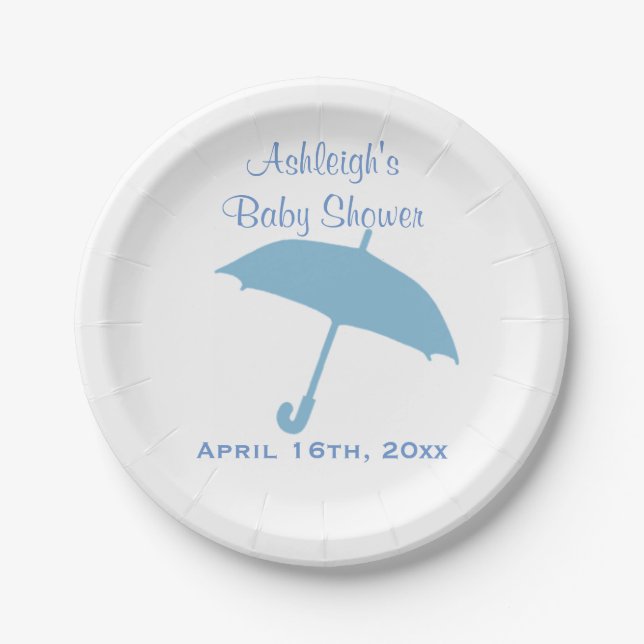 Blue Umbrella Baby Shower Paper Plates (Front)