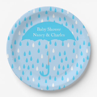 Blue Umbrella Baby Shower Plate