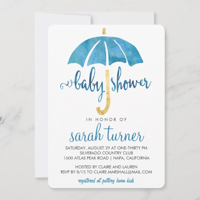 Blue Umbrella Boy Baby Shower Invitations (Front)