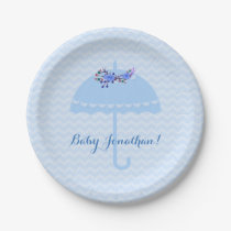 Blue Umbrella Chevrons Baby Shower Paper Plate