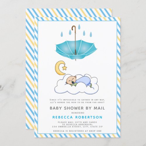 Blue umbrella sleeping baby boy shower by mail invitation