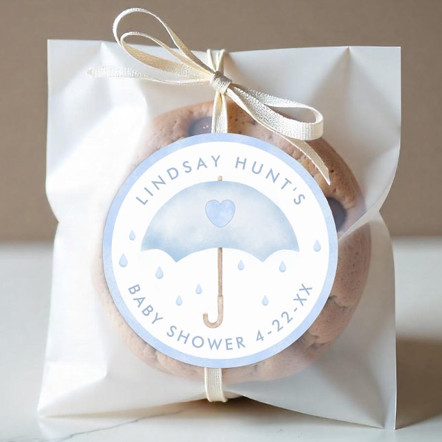 Blue Umbrella Sprinkle Baby Shower Favor Sticker (Boy Baby Shower Favor Sticker)