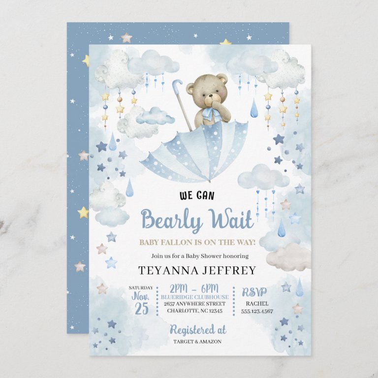 Blue Umbrella Teddy Bear Baby Sprinkle Baby Shower Invitation