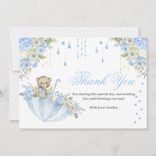 Blue Umbrella Teddy Bear Baby Sprinkle Thank You Card