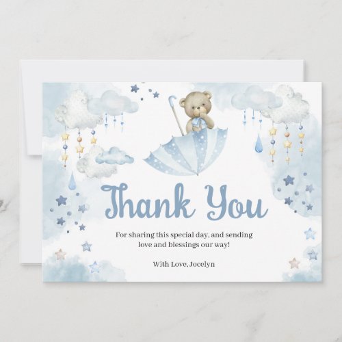 Blue Umbrella Teddy Bear Baby Sprinkle Thank You Card