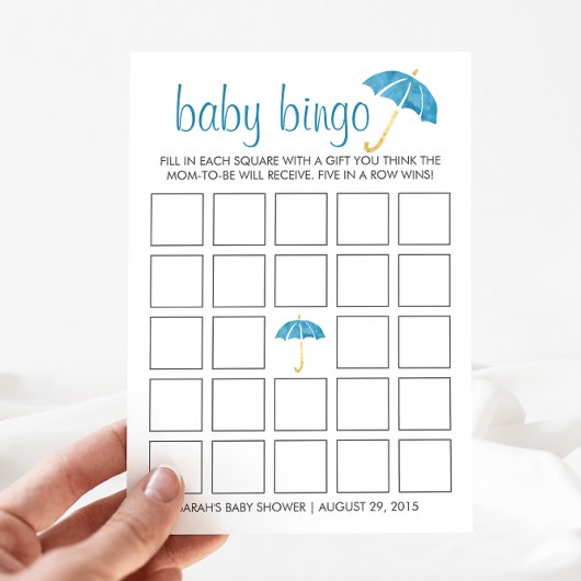 Blue Umbrellas Baby Shower Bingo Game Card