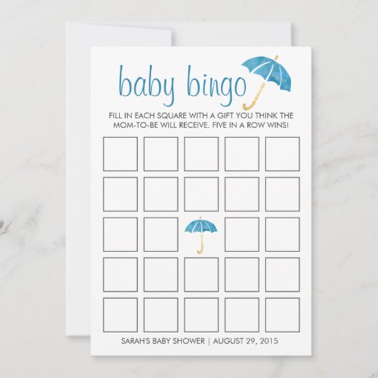 Blue Umbrellas Baby Shower Bingo Game Card (Front)
