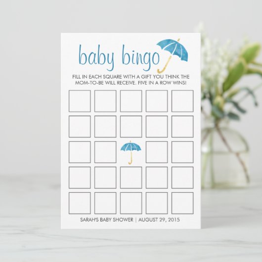 Blue Umbrellas Baby Shower Bingo Game Card (Standing Front)